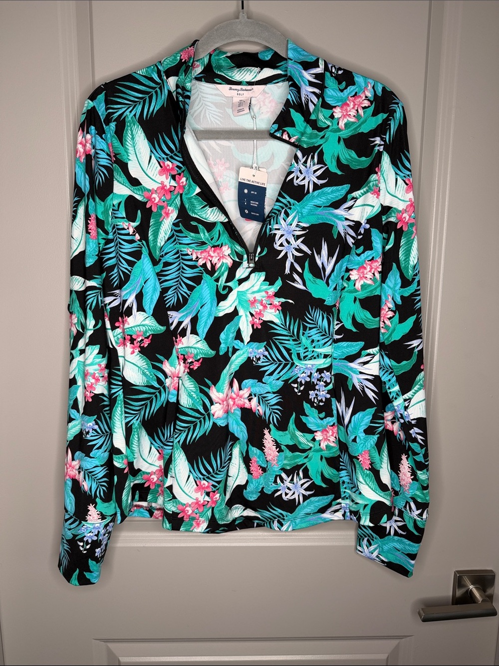 Tommy Bahama Black Zip-Up Golf Top with Teal & Pink Floral Print